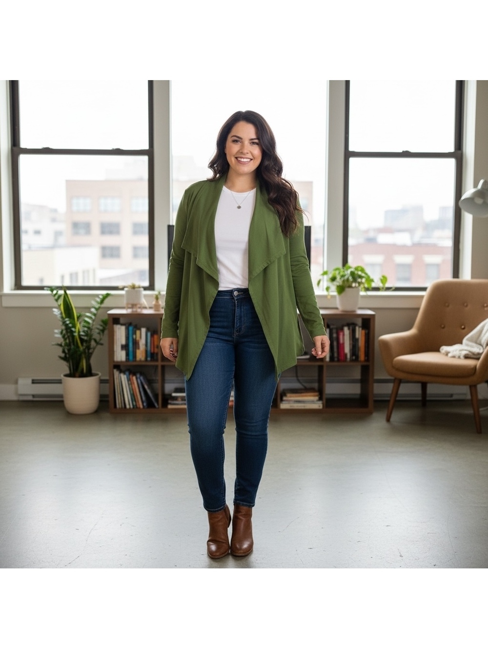 Olive Green Waterfall Drape Open Front Cardigan XL | Draped Cotton Modal Jacket